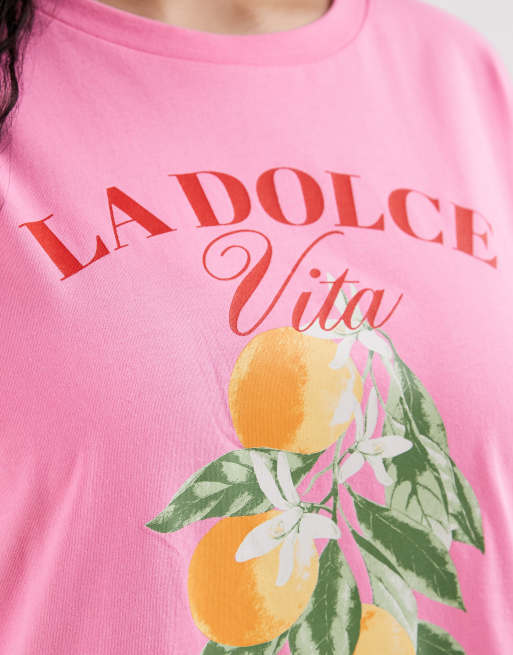 ONLY Curve oversized fit t-shirt with oranges print in pink, 3 of 4