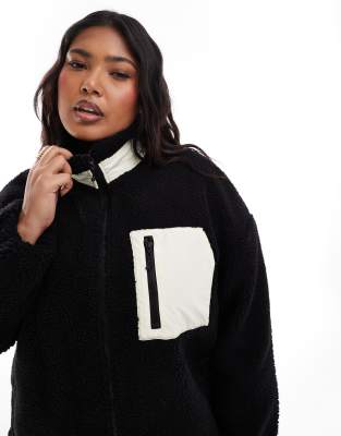 oversized funnel neck teddy fleece jacket in black