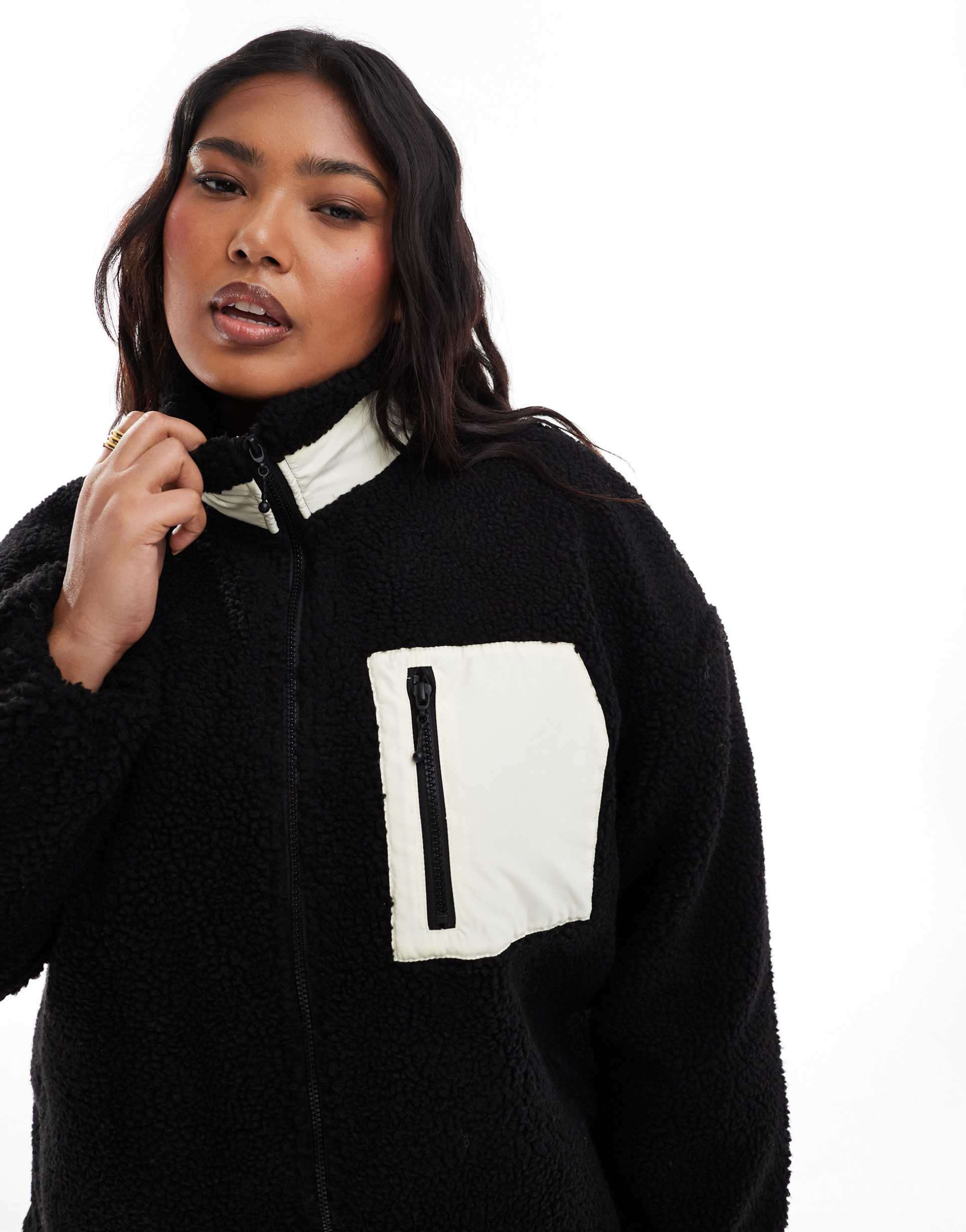 only curve oversized funnel neck teddy fleece jacket in black