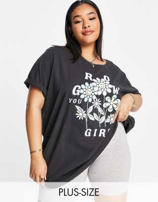 Only Curve oversized grow you girl motif t-shirt in washed black