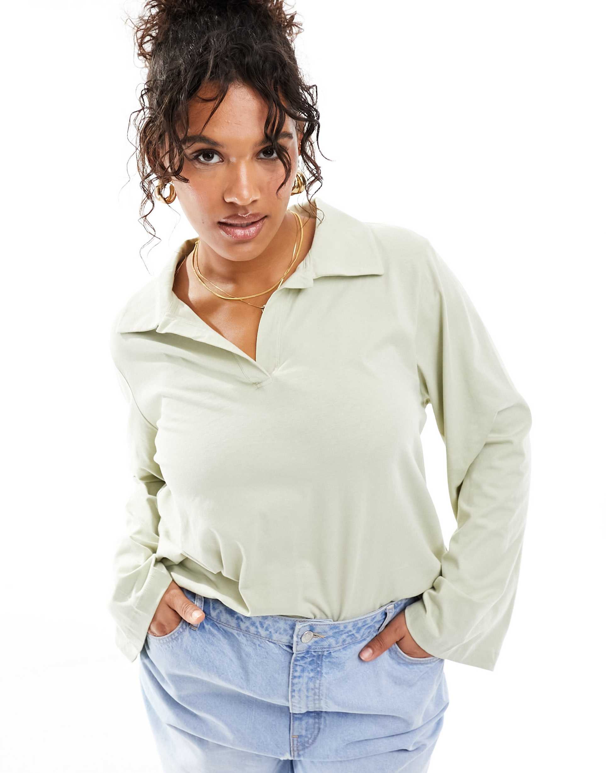 only curve oversized polo top in light sage