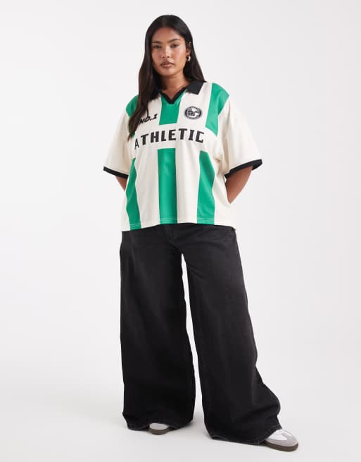 ONLY Curve oversized soccer tee in white & green