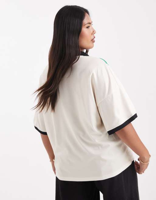 ONLY Curve oversized soccer tee in white & green