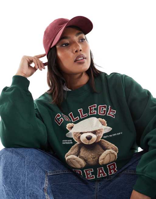 ONLY Curve - Oversized sweatshirt met teddybeerprint in donkergroen, 4 van 4