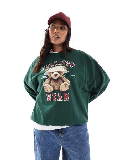 ONLY Curve oversized sweatshirt with teddy bear print in dark green - view 1
