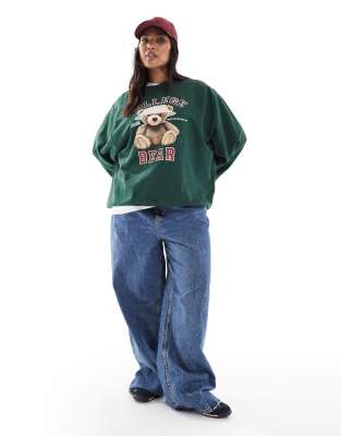 Only Curve Oversized Sweatshirt With Teddy Bear Print In Green