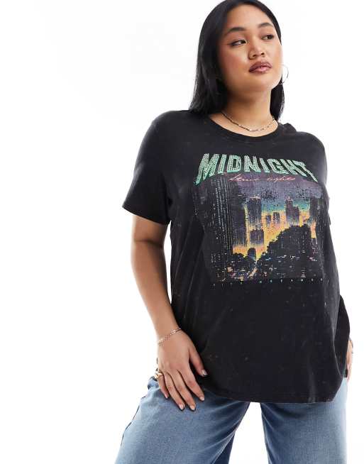 ONLY Curve - Oversized T-shirt med udsmykket grafik i forvasket sort 
