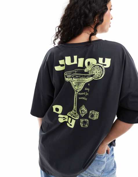 ONLY Curve - Oversized T-shirt met 'Juicy' cocktailprint op de achterkant in zwart met wassing - view 1