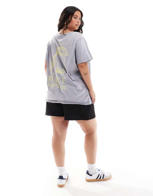 ONLY Curve - Oversized T-shirt met lemonade-print op de achterkant in grijze wassing 