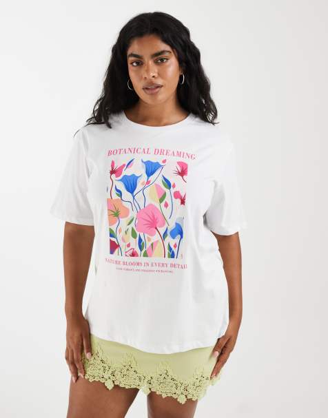 ONLY Curve oversized t-shirt with floral graphic print in white - view 1