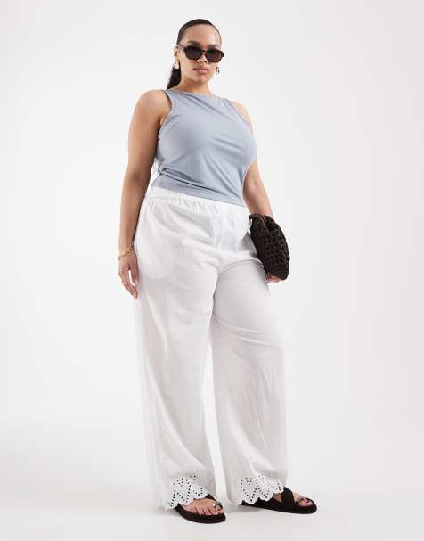 Only Curve - Pantalon à enfiler en coton avec broderies - Blanc - view 1