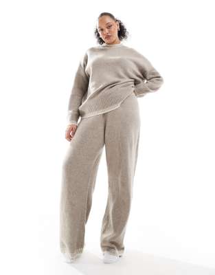 ONLY Curve - Pantalon d'ensemble ample en maille avec ourlet surpiqué - Beige-Neutre