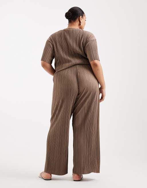 ONLY Curve - Pantalon d'ensemble ample en tissu plissé - Marron clair, 4 de 5