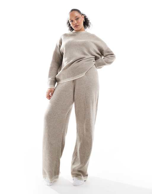 Only Curve - Pantaloni in maglia beige a fondo ampio con cuciture sull'orlo in coordinato