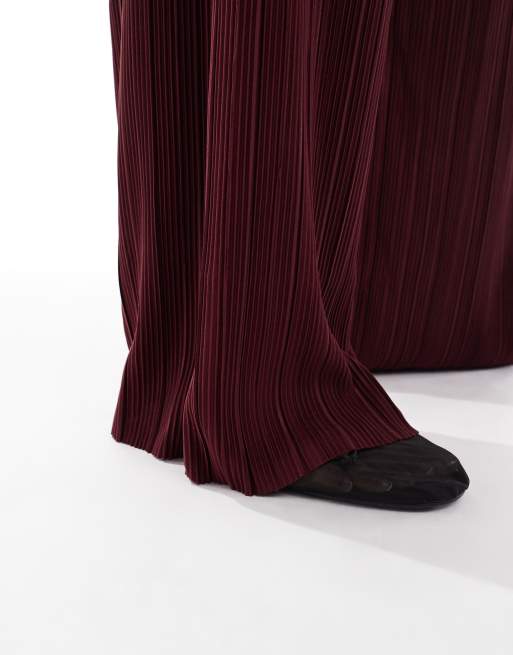 ONLY Curve - Pantaloni plissé a fondo ampio bordeaux in coordinato, 4 di 5