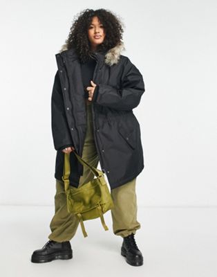 Only Curve parka coat with faux fur hood in black