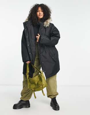 Only Curve parka coat with faux fur hood in black-Neutral