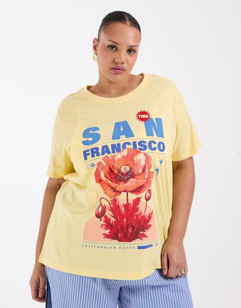 ONLY Curve – Pastellgul t-shirt med San Francisco-tryck - view 1