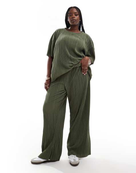 ONLY Curve plisse wide leg trousers co-ord in khaki