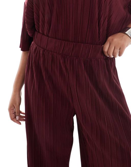 ONLY Curve plisse wide leg pants in burgundy - part of a set, 2 of 5