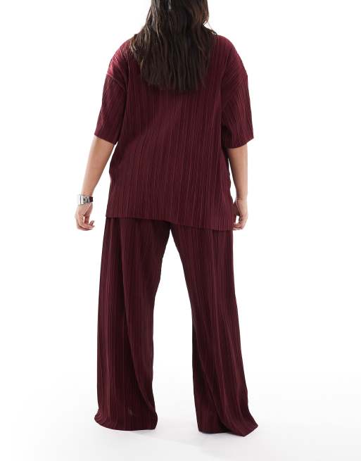 ONLY Curve plisse wide leg pants in burgundy - part of a set, 3 of 5