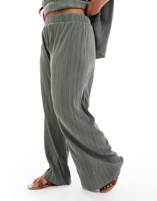 ONLY Curve plisse wide leg pants in sage green - part of a set, 2 of 5