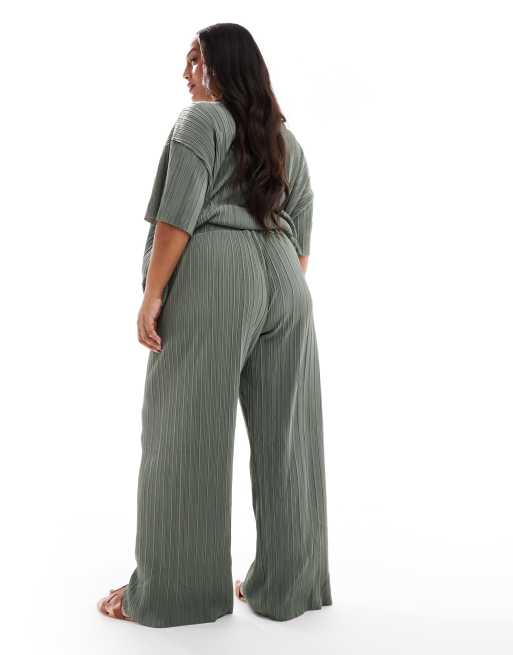 ONLY Curve plisse wide leg pants in sage green - part of a set, 4 of 5