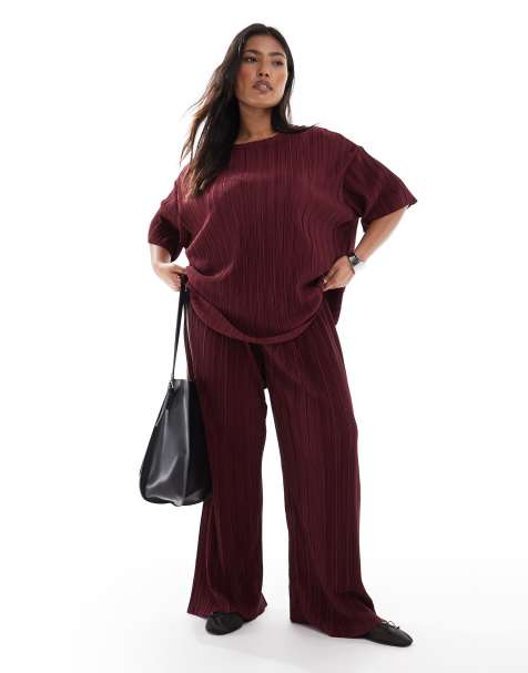 ONLY Curve plisse wide leg trousers co-ord in burgundy - view 1
