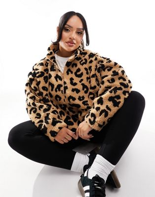 Only Curve teddy half zip fleece in leopard print - ASOS Price Checker