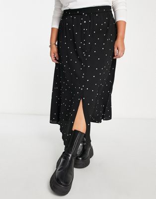 Only curve polka dot midi skirt in black