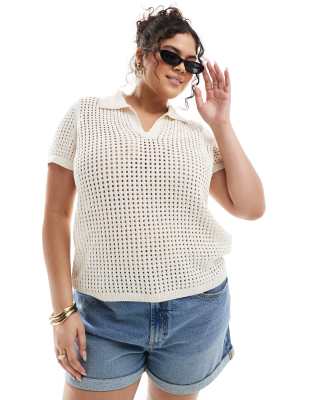 ONLY Curve - Polo en maille ajourée - Crème-Blanc