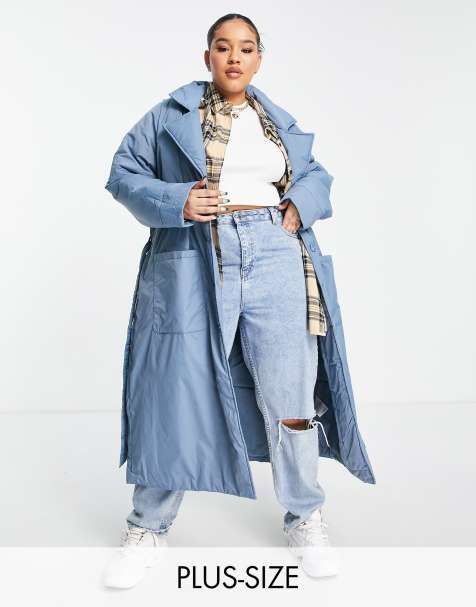 Only Curve - Polstret blå longline-trenchcoat med bindebånd i taljen - view 1
