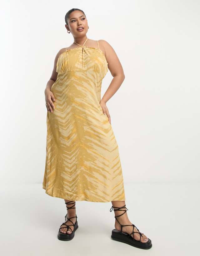 Only Curve printed strappy midi dress in mustard