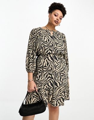 ONLY Curve puff sleeve belted mini dress in zebra print