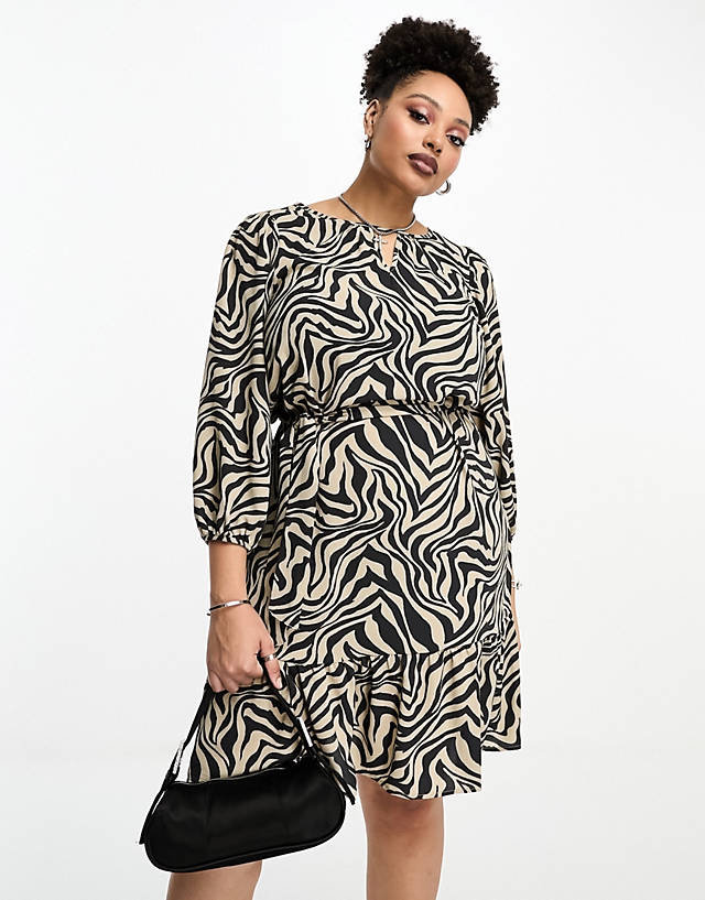 ONLY Curve - puff sleeve belted mini dress in zebra print