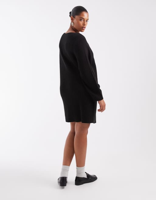 ONLY Curve puff sleeve knit mini dress in black, 4 of 4