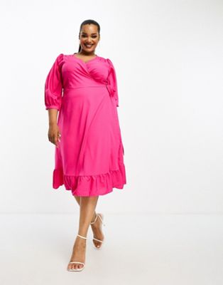 Only Curve puff sleeve wrap midi dress in bright pink | ASOS