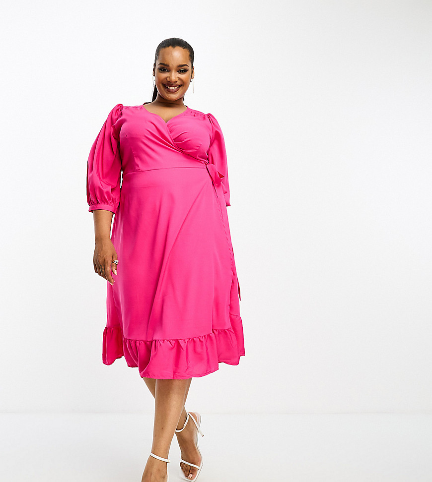 Only Curve Puff Sleeve Wrap Midi Dress In Bright Pink