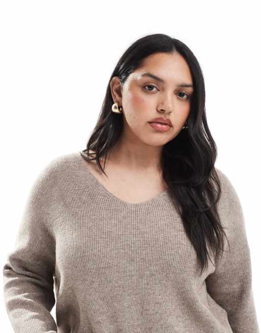 ONLY Curve - Pull d'ensemble ample en tissu côtelé à col V - Beige, 3 de 4