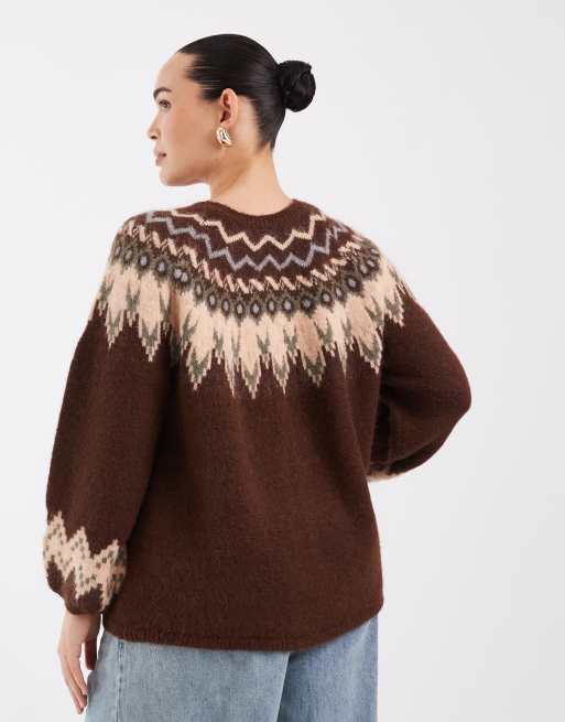 ONLY Curve pull en maille à col rond à manches bouffantes en jacquard Fair Isle chocolat, 4 de 4