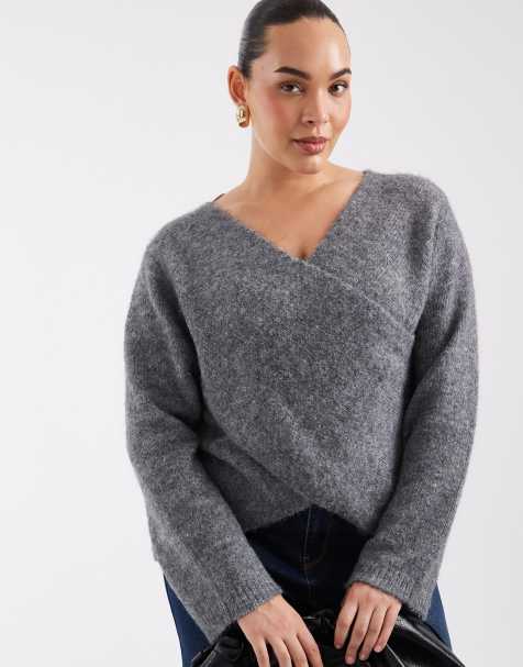 Only Curve pull en maille cache-cœur gris moyen - view 1