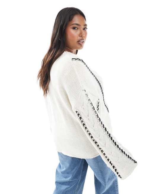 ONLY Curve – Pullover in Weiß mit Kontrastmaschen, 2 von 4