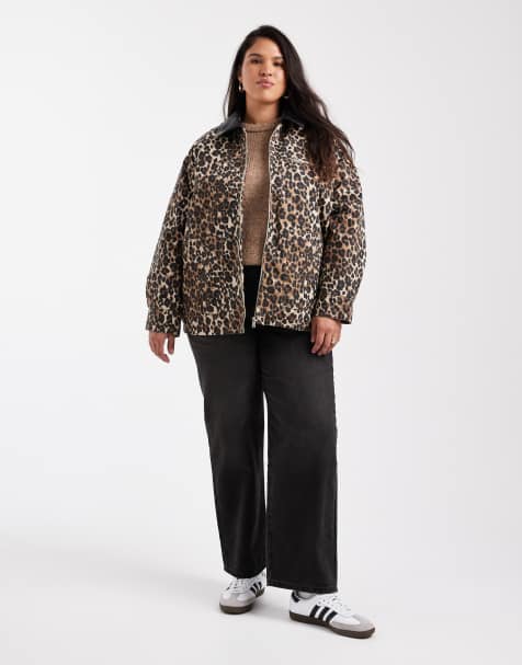 ONLY Curve quilted canvas jacket with faux leather collar in animal print