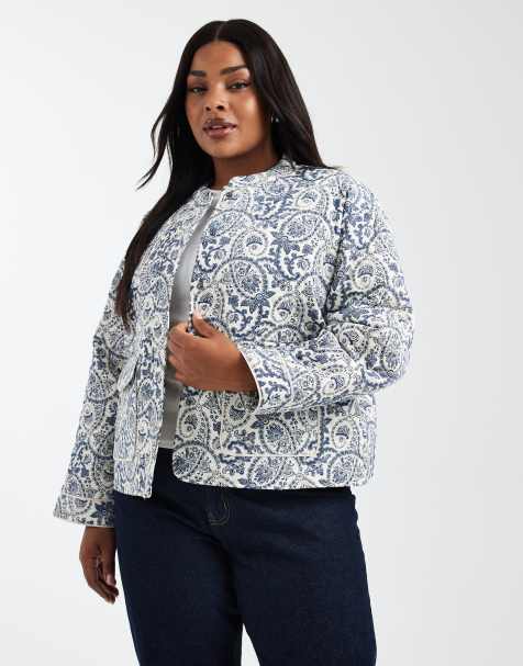 ONLY Curve quilted jacket in blue jacquard print