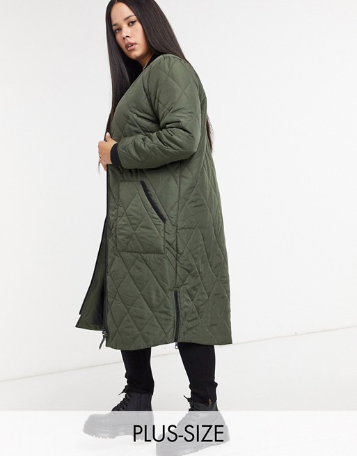 Only Curve quilted longline coat in khaki