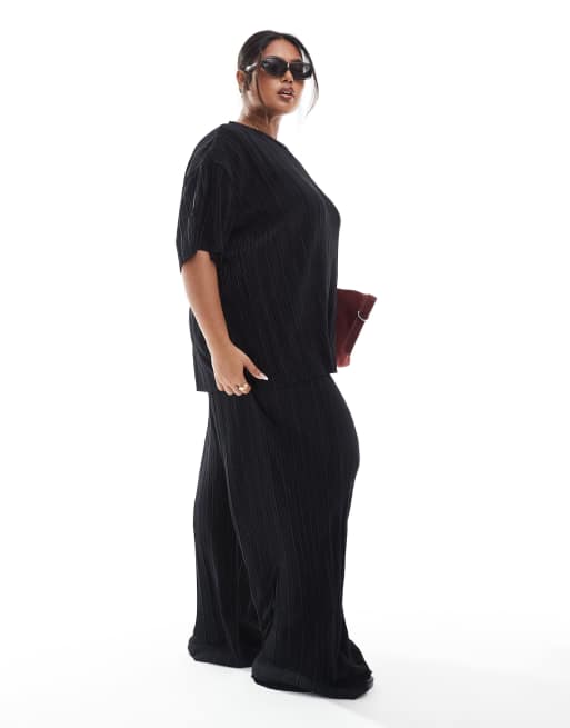 ONLY Curve - Recht plissé T-shirt in zwart, deel van co-ord set, 4 van 4