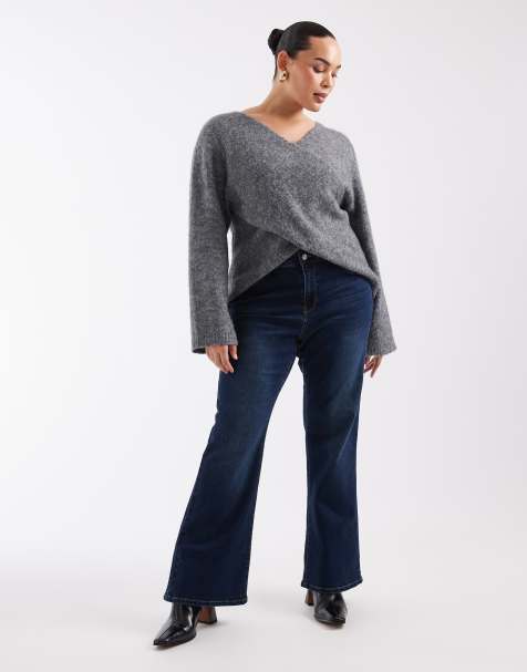 ONLY Curve Reese mid waist flare jeans in rinse dark blue denim - view 1