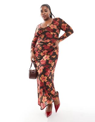 reversible maxi dress in dark brown floral