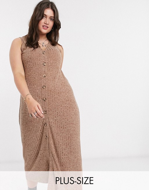 Only Curve ribbed casual midi dress with button through in brown