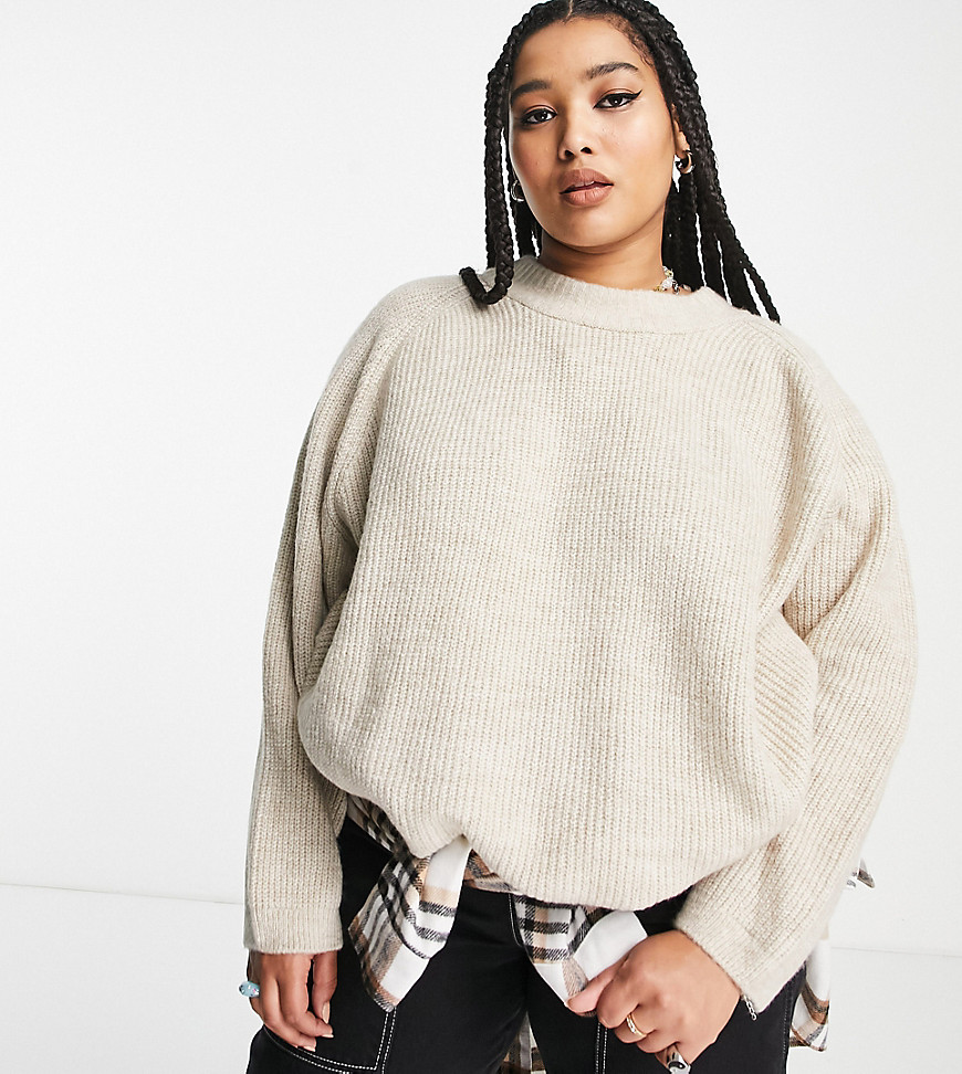 Only Curve ribbed crew neck sweater in beige-Neutral
